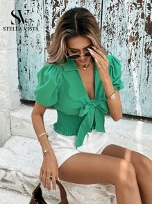 SV Blusa feminina elegante para eventos sociais, de mangas curtas e tecido de algodão, com recorte frontal em nó e zíper. - verde - Visão 3
