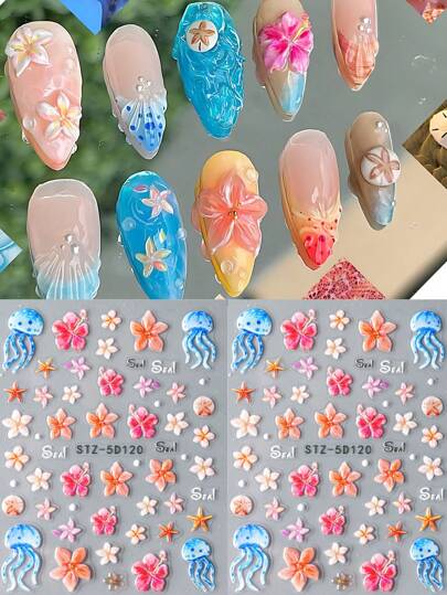 FULL BEAUTY 2pcs Orchid Plumeria Flower Nail Art Sticker Ocean Jellyfish Starfish Sea Bubble Pearls Summer Holiday Style Self-Adhesive Nail Decals Nail Decoration Nails