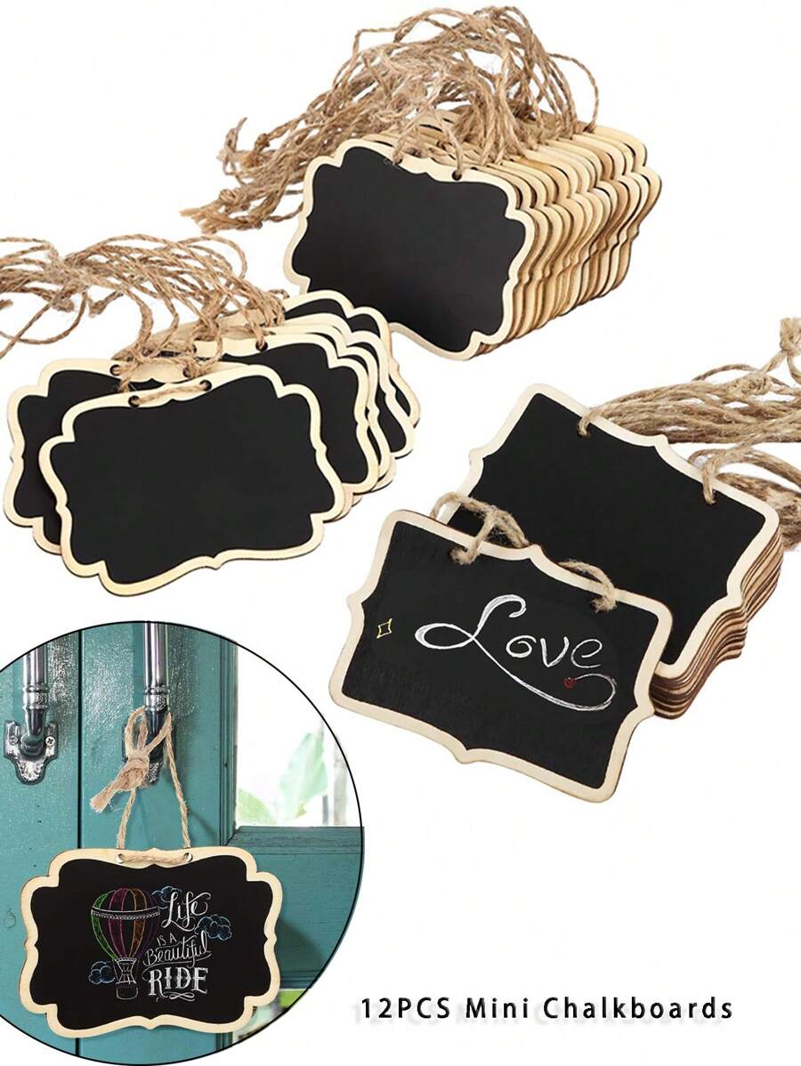 12 PIEZAS Etiquetas de pizarra colgantes de madera, mini señales de pizarra de madera, pizarras doble cara para mensajes, señales colgantes para bodas, manualidades de niños, etiquetas de pizarra colgantes, etiquetas de precios, etiquetas de mensaje