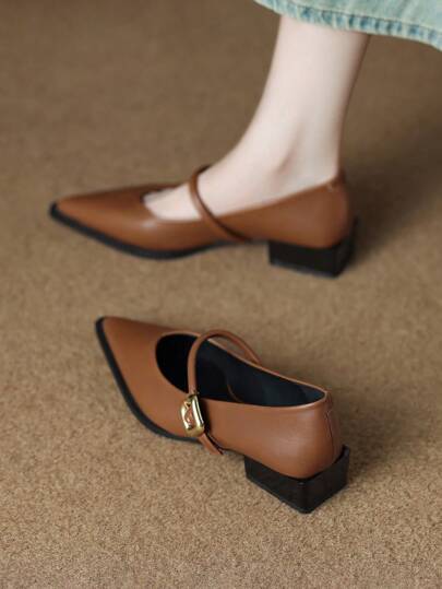 2025 Spring New Pointed Toe Flat Shoes, Elegant Simple Versatile Fashion Women Shoes, Brown Mid Heel Low Chunky Heels Pumps