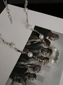 Accesorio de collar asimétrico de aleación y perla para mujeres, cadena de clavícula de estilo lujoso, elegante y dulce - cuentas redondas - Ver 6