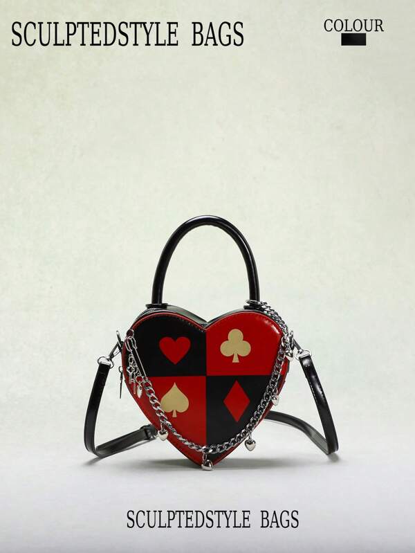 1 pieza Bolso de hombro y bandolera para mujer con forma de corazón en contraste rojo y negro, con estampado de cartas de póker en rojo burdeos, decoración de borlas, regalo de moda para el Día de San Valentín, novia, té de la tarde