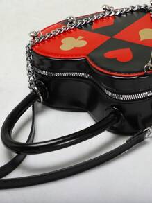 SCULPTEDSTYLE BAGS 1 件红黑撞色心形女士单肩包和斜挎包，勃艮第红安哥拉酒红色扑克牌印花心形装饰流苏手提包，情人节、女友、下午茶的时尚礼物 - 黑色 - 查看 7
