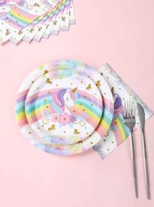 Set da 8 pezzi Decorazioni da tavola monouso a tema Unicorno, 8 piatti di carta usa e getta da 7 e 9 pollici, 8 bicchieri di carta, 16 tovaglioli, posate di carta, adatti per feste di famiglia, stile arcobaleno unicorno, articoli per compleanni