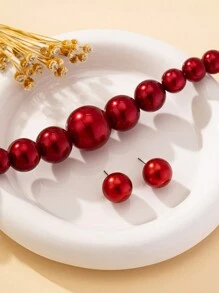 Luxurious & Elegant Faux Pearl Earrings And Necklace Jewelry Set, Suitable For Daily & Formal Wear And Gifting - Red - View 5