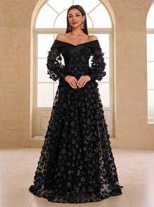 YISIKADO Off The Shoulder Mesh Elegant Fashion Long Sleeve Wedding Women Dresses Graduation Anniversary,Party Dress,Gown,Formal,Evening,Wedding Guest - Black - View 2