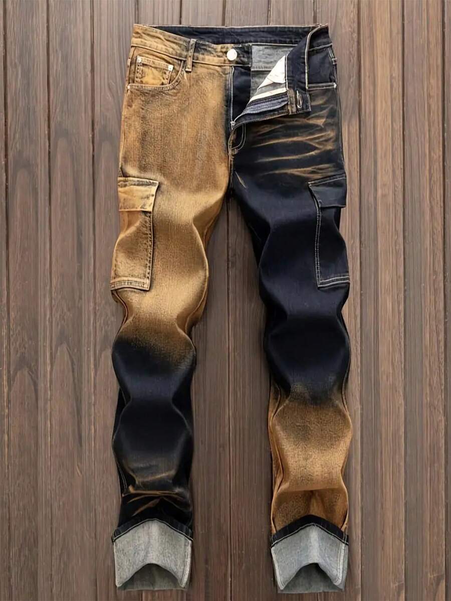 Men's Fashionable Casual Outdoor Versatile Comfortable Multi-Pocket Denim Jeans, Casual Rock Jeans, Street Utility Jogger Pants, Breathable Casual Jeans Suitable For City Walking, Hanging Out, Outdoor Activities, All Seasons - Dark Wash - View 1