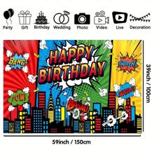 1pc Superhero City Landscape Photography Backdrop, American Comic Style Building Scene For Birthday Party Photo, Birthday Banner Decor, Photobooth Studio Props, Party Supplies Decoration, Birthday Decoration