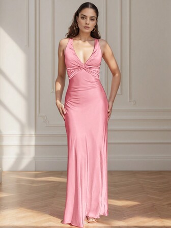 Women's Sleeveless Fashion Sexy Dress, V-Neck Bowknot Backless Tight Waist Satin Slip Dress, Summer