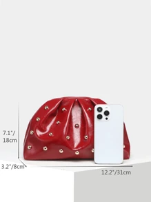 1pc Red Vintage Minimalist Rivet Decor Pleated Clutch Bag, Fashion Handbag Suitable For Daily Use & Party Valentine's Day - Red - View 7