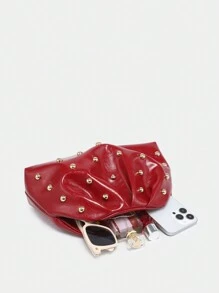 1pc Red Vintage Minimalist Rivet Decor Pleated Clutch Bag, Fashion Handbag Suitable For Daily Use & Party Valentine's Day - Red - View 5