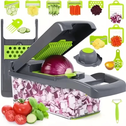 Cortador Picador De Verduras Rallador De Queso Picador Fruta Con 16 Piezas para Picar. Incluye Base de 1.2 litros, 6 Cuchillas Versátiles, Herramientas de y Limpieza, así como un Pelador