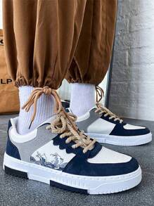 Zapatos transpirables de malla de punto ligero con,Zapatillas para correr/casual/deportivas/caminar/carretera para hombreZapatos De Skate Minimalistas De ,Zapatillas Para Hombre Con Cordones Bicolor, regalo perfecto para el inicio de clases color contrastante Patchwork Skateboard Sneaker,de hombres Zapatos deportivos anti deslizante casual Zapatos con patrón de letra patinaje sobre hielo Zapatos con con cordónZapatos de lona para hombre, ideales para un estilo de moda y comodidad - Azul Marino - Ver 6