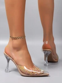 Sandal Hak Tinggi Stiletto Kristal Wanita, Hak Tebal Transparan Nyaman, Sandal Ujung Lancip untuk Kaki Lebar Ukuran Plus, Sepatu Hak Tinggi Berkilau dengan Rhinestone - Aprikot - View 3