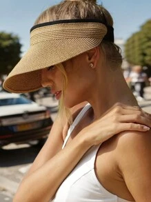 1 pieza Visera de sol de paja de moda para mujer Sombrero de ala ancha enrollable y plegable para playa de verano