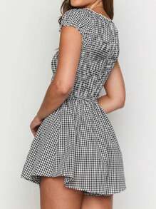 Women Loose Playsuits Plaid Front Bowknot Short Sleeve Rompers Summer Short Jumpsuits Streetwear