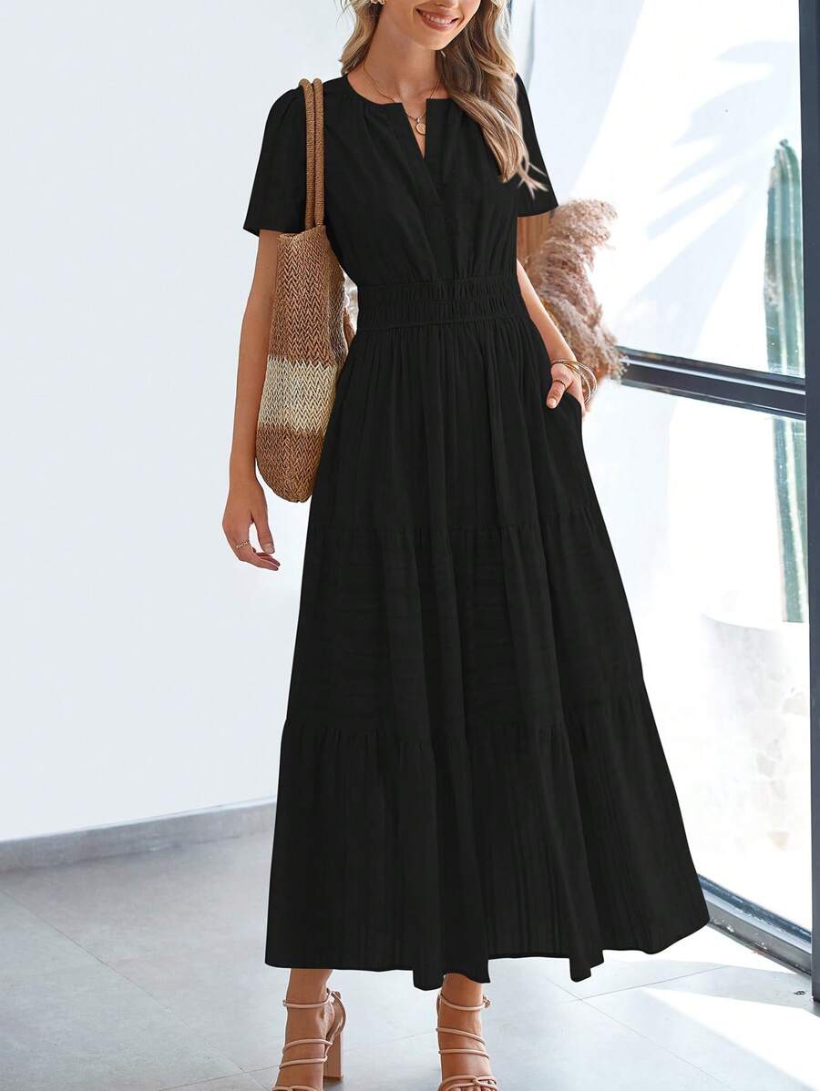 Womens Summer Maxi Dresses Short Sleeve High Waist Tiered Flowy A-Line Boho Bohemian Beach Long Dress Holiday Vacation Beach Valentine Long Dress Outfit - màu đen - Xem 1