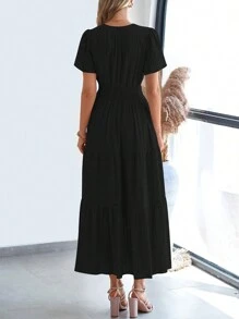 Womens Summer Maxi Dresses Short Sleeve High Waist Tiered Flowy A-Line Boho Bohemian Beach Long Dress Holiday Vacation Beach Valentine Long Dress Outfit - màu đen - Xem 2