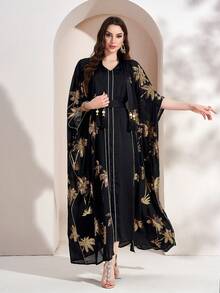 2pcs Women's Heavy Beaded Embroidered Tree Patchwork Abaya Dress Set - Black - View 4