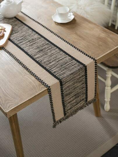 复古美式乡村风格棕色条纹编织流苏长方形桌旗，适合日常使用、节日、聚会、野餐、派对、摄影背景，适合所有季节