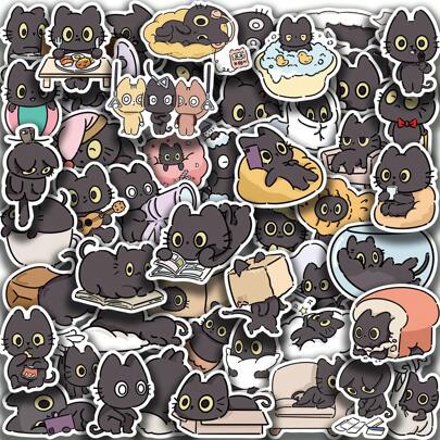 50 张黑猫贴纸 可爱动物贴纸 可爱猫咪派对礼品防水乙烯基贴纸