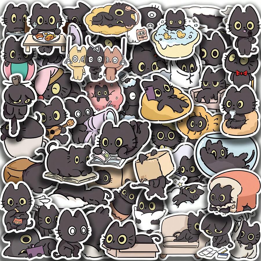 50 piezas Pegatinas de gato negro Pegatinas de animales Kawaii Pegatinas de gatos lindos Recuerdos de fiesta Pegatinas de vinilo resistente al agua - Multicolor - Ver 1