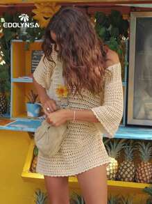 性感针织 V 领半袖镂空夏季海滩度假迷你连衣裙泳装罩衫（不含腰带） - 卡其色 - 查看 6