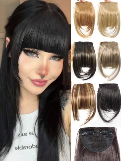 Damen synthetische Pony Haarverlängerung, gerade Haare vielseitige braune & schwarze französische Vorhangfranse mit Schläfen, hochtemperaturbeständige Faser, Clip-In Stirnfransen Haarverlängerung, natürlicher Pony für alle Personen geeignet