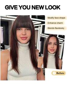 Women's Synthetic Bangs Hairpiece, Straight Hair Versatile Brown & Black French Curtain Fringe With Temples, High Temperature Fiber, Clip In Front Hair Extensions Natural Bangs Hairpieces Suitable For All People