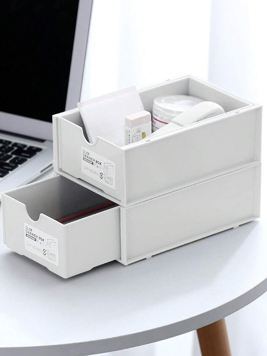 1/2 Pcs White Stackable Desktop Storage Box Cosmetic Plastic Storage Case Household Sundries Snack Storage Basket Student Dormitory Kitchen Organizer, Home Organization Baskets, Boxes And Containers - White - View 1