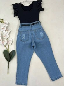 Fashionable Kids Set Bodysuit Jeans Pants Blogger Outfit Girls - Black - View 5