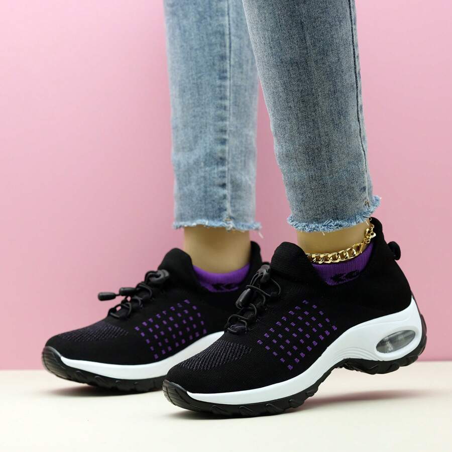 Burgundy Lace-Up Women's Sports Casual Air Cushion Knit Slip-On Loafer Shoes