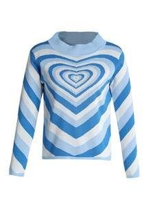 Women Love Heart Print Sweater, Long Sleeve O-neck Knitted Pullover for Winter, Autumn - Azul - Ver 1