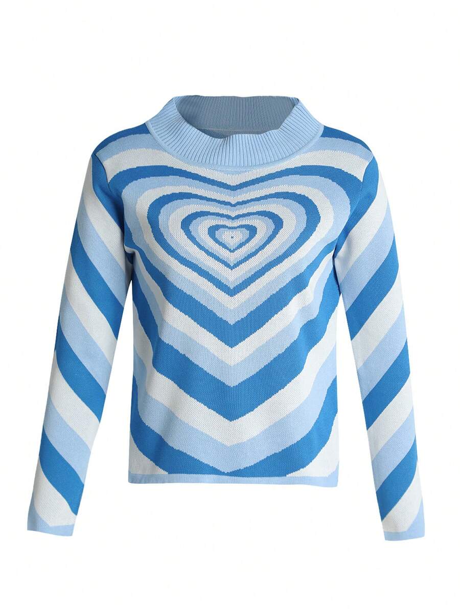 Women Love Heart Print Sweater, Long Sleeve O-neck Knitted Pullover for Winter, Autumn - Azul - Ver 1