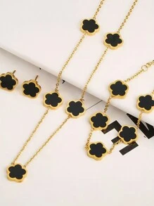 4pcs Stainless Steel 5 Petals Flower Jewelry Set: 1 Necklace + 1 Bracelet + 2 Earrings, Elegant & Fashion For Women Valentines,Mom,Mother,Mother's Day,Gift