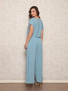 Women's Tailored Set Blouse And Wide Leg Wide Leg Pants Casual Plain Elegant Summer - Màu xanh nhạt - Xem 3