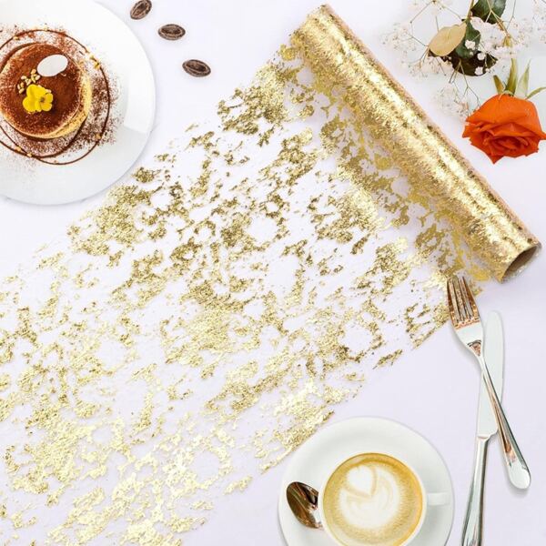 Gold Foil Hollow Lace Tablecloth, Shiny Sequin Decorative Tablecloth For Home, Wedding, Birthday Party, Gold Color, (Excluding Roll)