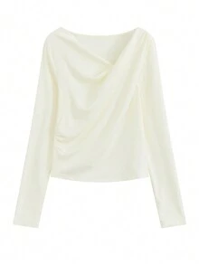 Áo thun dài tay nữ chất liệu cashmere pha, mềm mại và dịu nhẹ kiểu Hàn Quốc, thiết kế xoắn bất đối xứng, tôn dáng cho mùa thu và xuân. - Màu be - Xem 6