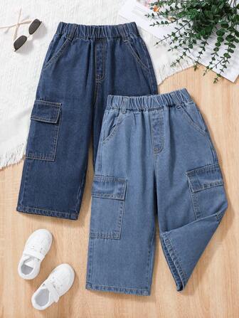 Tween Boy 2025 夏季新款牛仔工装宽腿七分裤，带大口袋