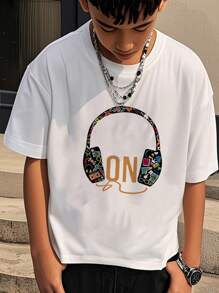 2025 New Tween Boy Casual Earphone Print White Round Neck Short Sleeve T-Shirt, Summer Tops For Tween Boys