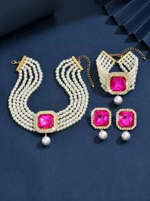 4pcs Set Luxury Exaggerated Pearl, Rhinestone, Crystal Necklace, Earrings, Bracelet Jewelry Set, Suitable For Women Wedding, Party, Holiday Gift