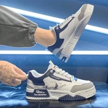 Men's Breathable Classic White Sneakers, Thick Sole, Fashionable Student Shoes, Casual Sports Shoes - Blue and White - View 6