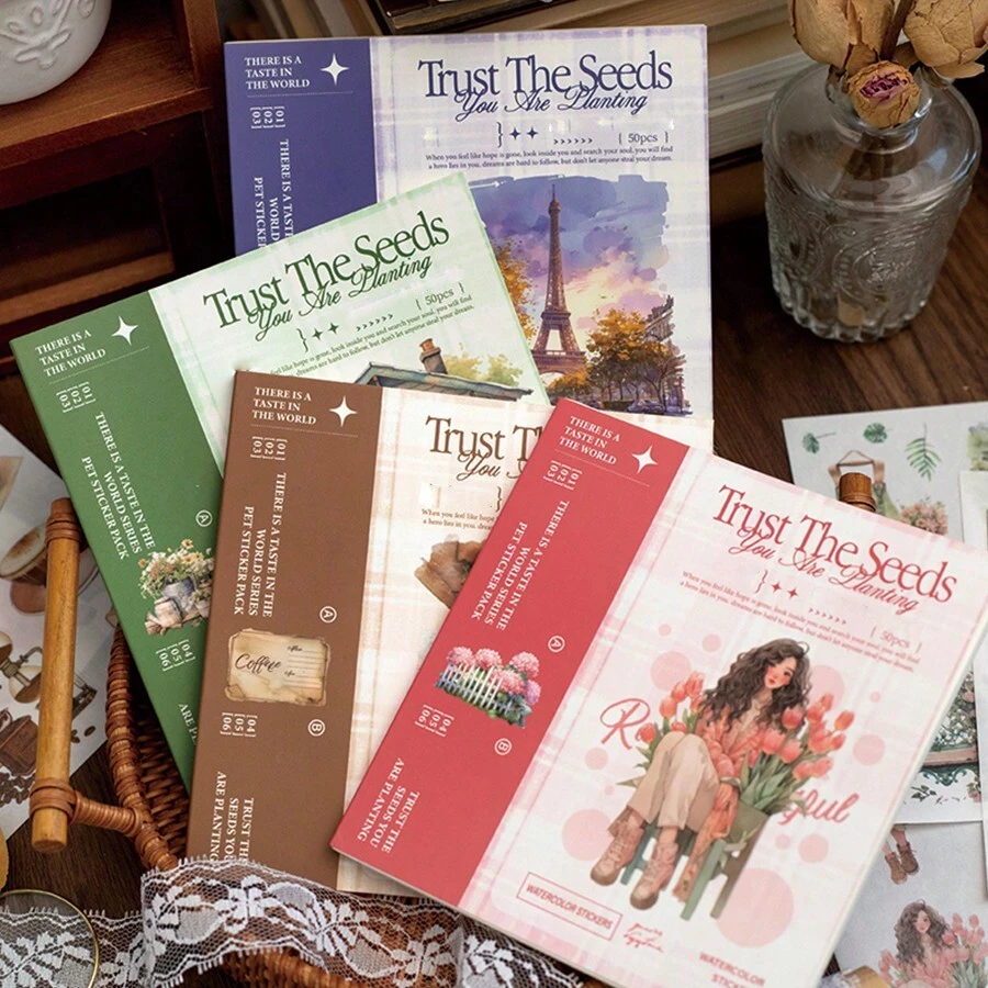 Journaling Sticker Book, 50 Sheets Scrapbook Stickers, Junk Journal Supplies, Pre-Cut Aesthetic Washi Materials, Watercolor Scrapbooking For Adults, Decorative Ephemera Bullet Planner Arts Craft