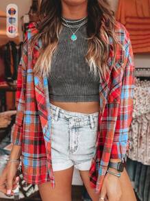 女式春夏轻盈红色格纹长袖衬衫夹克上衣 - 休闲开衫外套，适合节日和派对，纽扣领款式，百搭分层，外出必备百搭服装