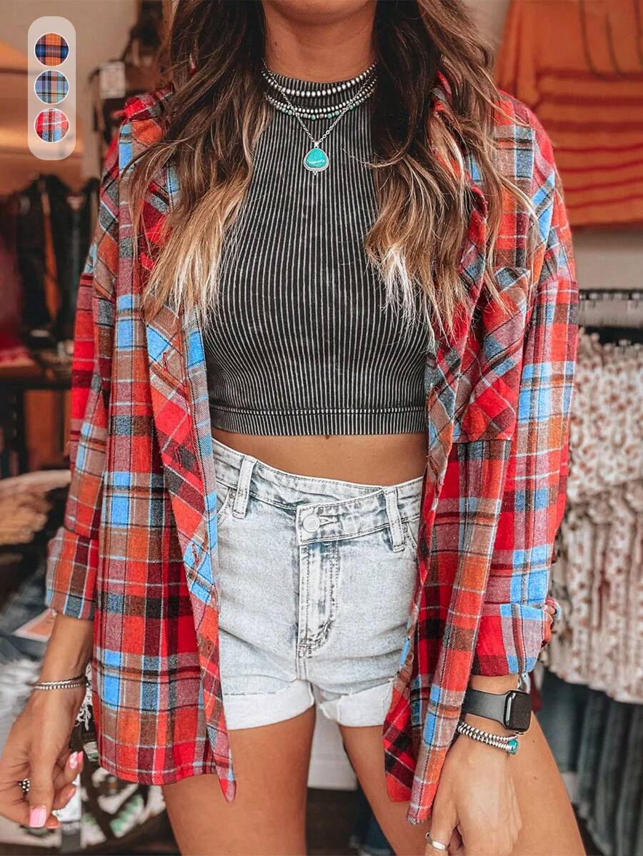 女式春夏轻盈红色格纹长袖衬衫夹克上衣 - 休闲开衫外套，适合节日和派对，纽扣领款式，百搭分层，外出必备百搭服装