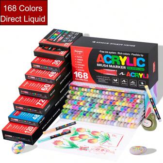 GuangNa 12/24/36/48/60/72/120/168 Colors Soft Tip Free Press Painting Doodle Overlay Pen Straight Liquid Acrylic Marker For Stone, Glass, Ceramic, Easter Eggs, Metal, Wood, Waterproof And