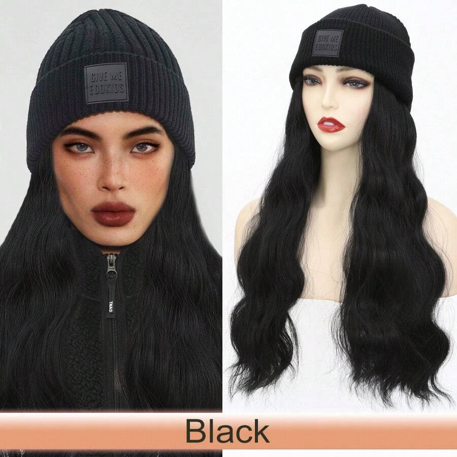 Knitted Beanie Hat Hair Extensions Hairpieces 18inch/45cm Long Wave Wigs With Synthetic Wig Soft Hairpiece Add Volume & Length Warm Screwed Cold-Resistant Curly Hairpieces Black Brown Blonde For Winter Women Girls Daily Party Christmas Gift - 黑色 - 查看 1