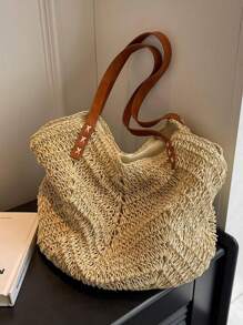 Lekka, swobodna, duża pojemność, przenośna minimalistyczna torba słomkowa z podwójnym uchwytem, średnia na wakacje dla nastolatek, kobiet, studentek, idealna na studia, do szkoły, na zewnątrz, w podróż, na wycieczki, na wakacje