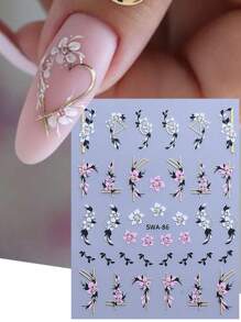 2片装3D春季花朵美甲贴纸，粉色黄色花叶金色线条几何图案，3D自粘美甲设计，女士美甲用品 - 彩色 - 查看 3