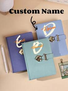 1pc Personalized Creative Customizable Name Or Initial Letter Lock & Key Girls Diary Notebook Gift, New Lovely Heart Keychain Notepad, Simple Classy Gold Foil Business Planner Memo Pad, Cute Leather Journal For Work,School Supplies,Back To School